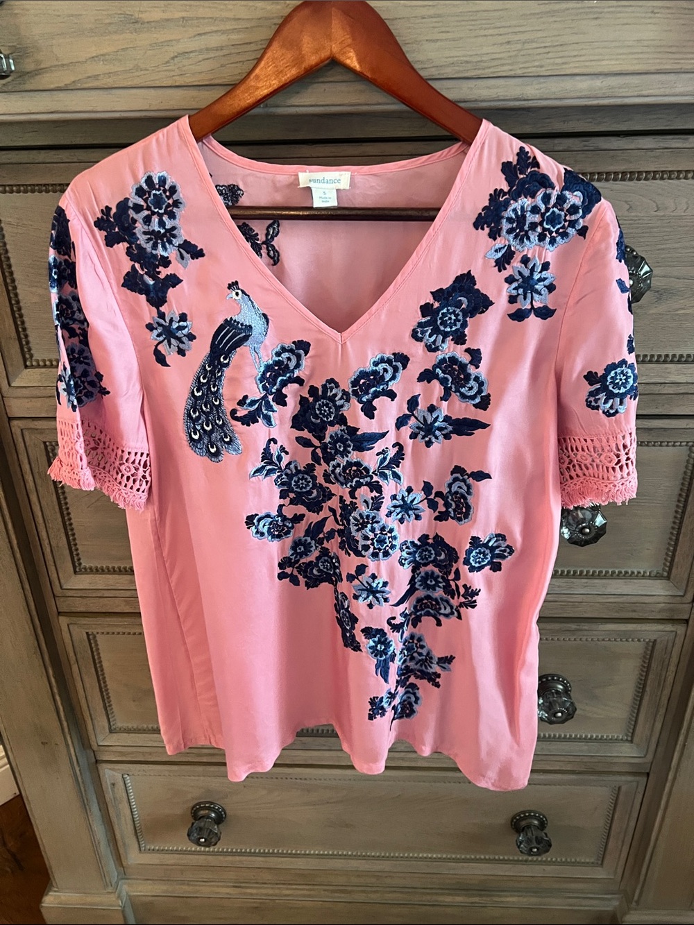 Sundance Pink V-Neck Blouse with Navy Floral & Peacock Embroidery